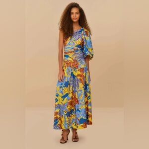 FARM Rio Blue and Yellow One-Shoulder Midi Dress